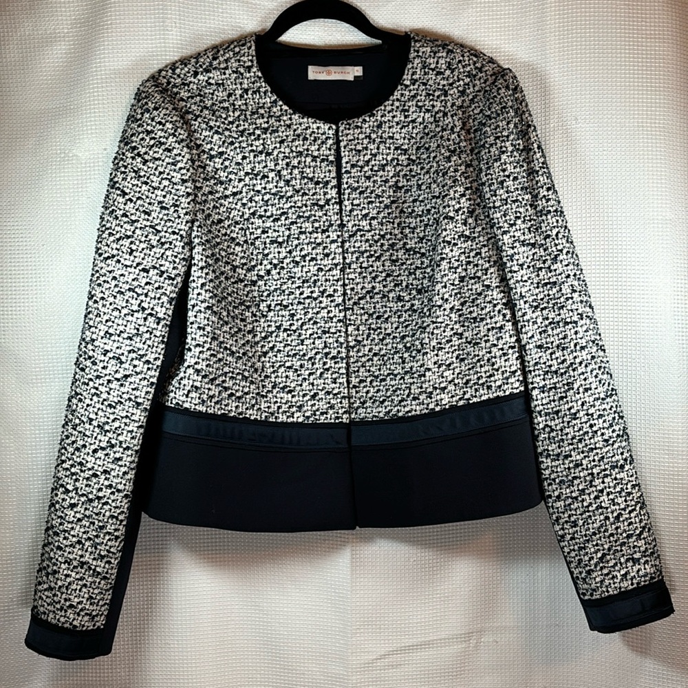 Tory Burch Blue/White Sparkly Tweed Jacket w/Navy Color Blocking, Size 12